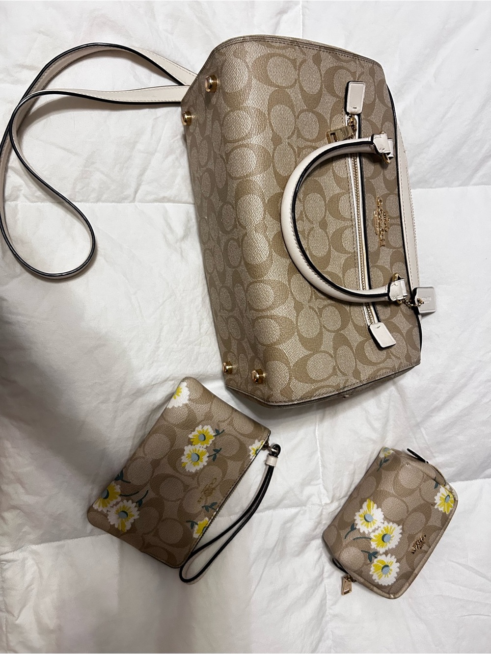 Coach Beige Signature Satchel with White Trim and Daisy Print